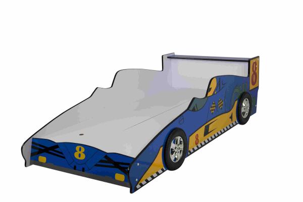 Blue Durable Wooden Race Car Toddler Bed With Colorful Character Graphics