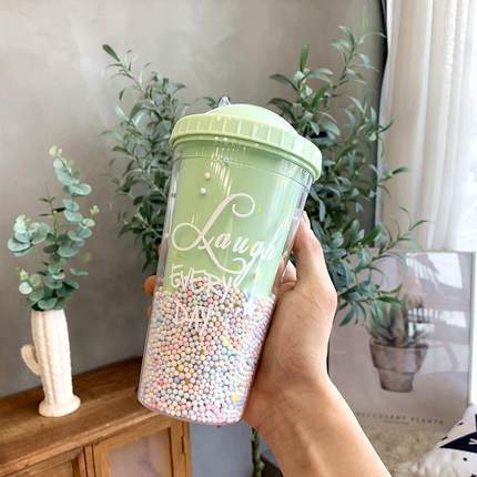 Creative Ice Cream Double Wall 550ml Plastic Cups With Straw Customized Color For Unisex