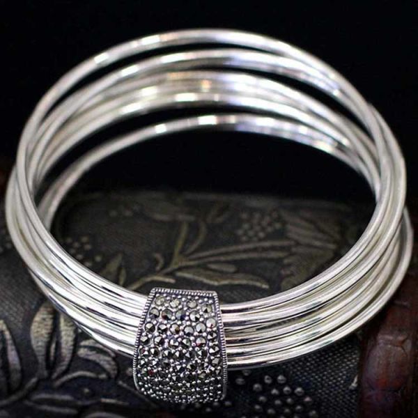 Women Nine Rows 925 Sterling Silver Marcasite Charm Bangle Bracelet(SY50013)