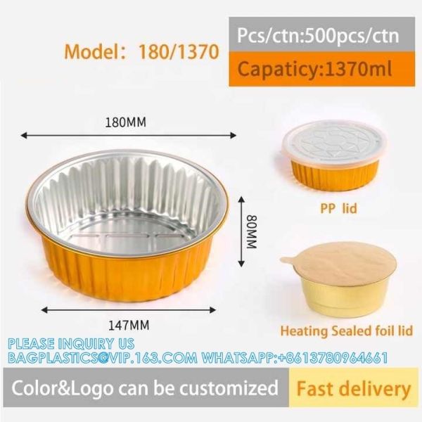 180mm Diameter 920ml Smooth Wall Gold Disposable Tin Foil Tray Aluminium Foil Food Container With Pla Heat Seal Lid