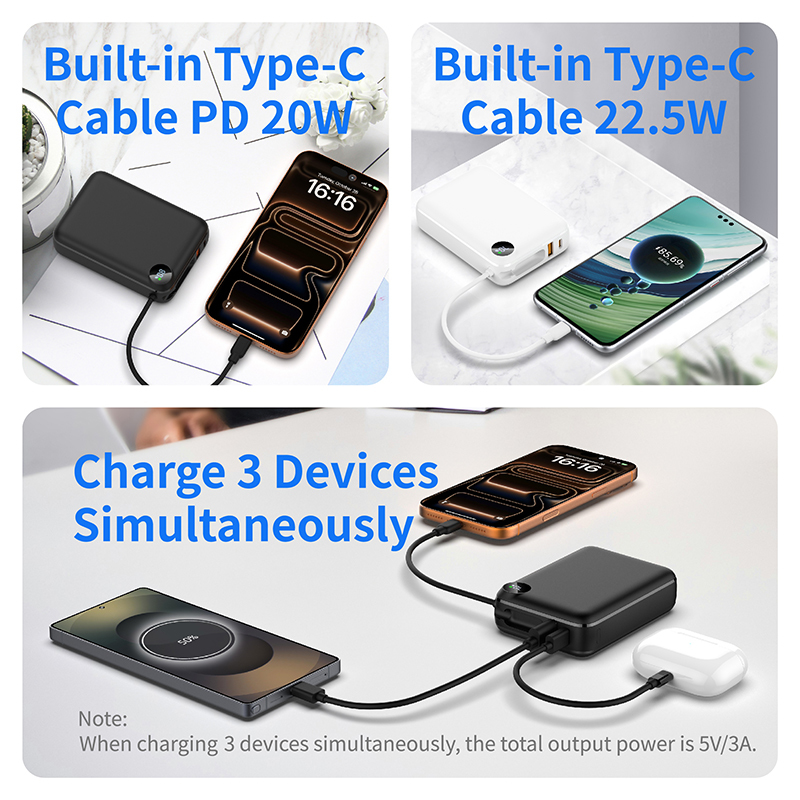 20000mAh High Capacity Fast Charging Power Bank, Built-in Type-C PD Input & Output Cable, Type-C Port & USB QC Output Port, Stylish Portable Design with LCD Digital Battery Display
