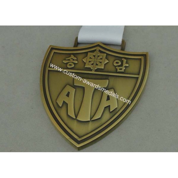 Antique Gold Die Cast Medals , Heat Transfer Printing Ribbon Pin Badge