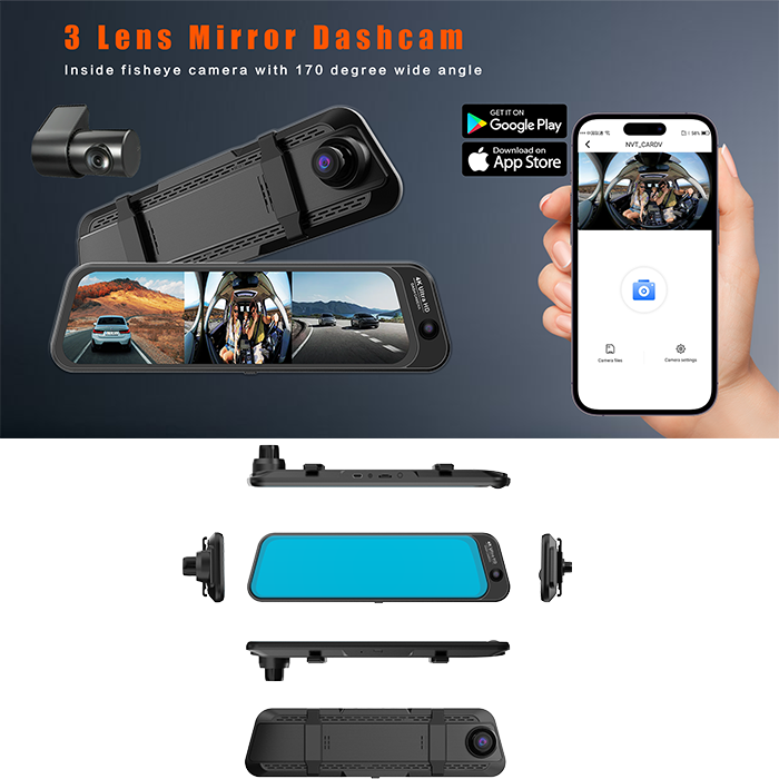 4K Mirror Dash Cam 170° Fisheye Lens WiFi GPS Parking Monitor 3 Channel Dash Cam 4k