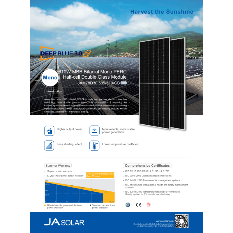 JA Solar Power Submersible Water Pump with Panel 595W 600W 605W 610W Half-Cell Module