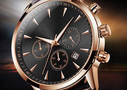 316L Stainless Steel Chronograph Watch Quartz Movt Black Leather Strap
