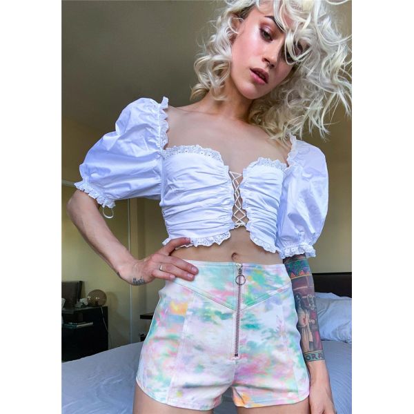 White Retro Puff Sleeve Women Crop Top