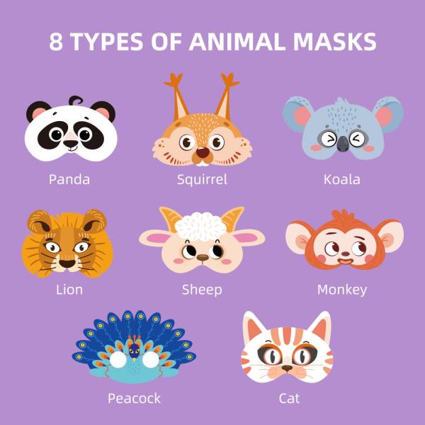 Kids 8 Different Patterned Animal Paper Masks for Hand On Skills And Creativity