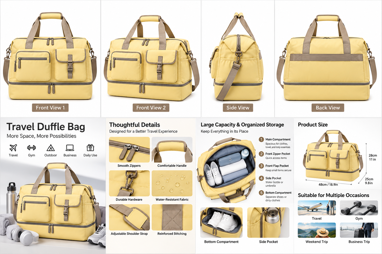 Custom OEM ODM Carry-On Travel Duffel Bag – Large Capacity Weekender with Separate Bottom Compartment, Multi-Pocket Storage & Top Handles