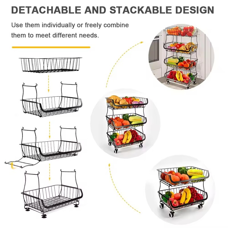 Large Capacity Removable 4 Tier Metal Basket Food Storage Rack Trolley with Non-Slip Feet for Fruit & Vegetable