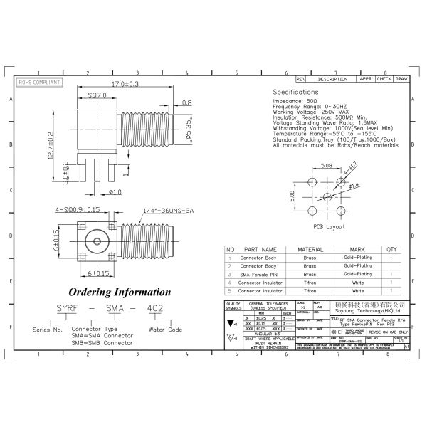 коаксиловый разъем Sma коаксиального гнездового разъема 17mm RF прямоугольный