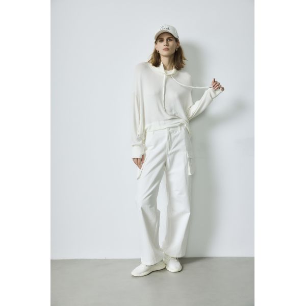Long Sleeve Soft Knit Hoodie Women'S Wide Leg Cargo Pant All White Loungewear Set