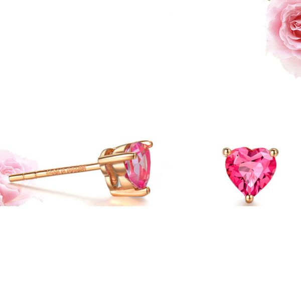 18K Rose Gold Ruby  Heart Shape Stud Earrings Women Jewelry(KE001PINK)