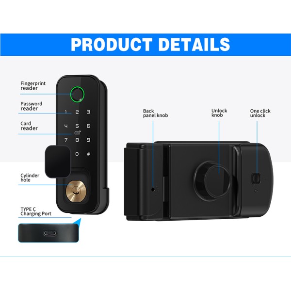 Yagu Tuya APP IP55 Waterproof Door Lock for Home/Office Bull Head Fingerprint Password Lock Outdoor Single & Double Fingerprint