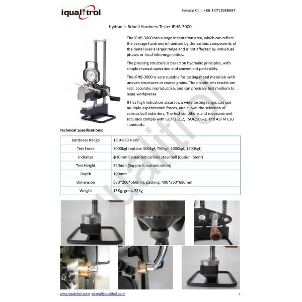 ASTM E10 Portable Hydraulic Brinell Hardness Tester iPHB-3000 Max Force 3000Kgf