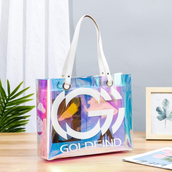 Holographic Clear Tote Bag With Leather Handle Iridescent Beach Totes Shoulder Handbag For Women Summer Pool Party
