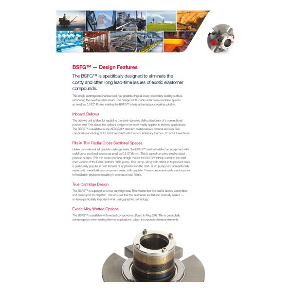 BSFG Bellows Mechanical Seal Aesseal Single Full Graphite Cartridge