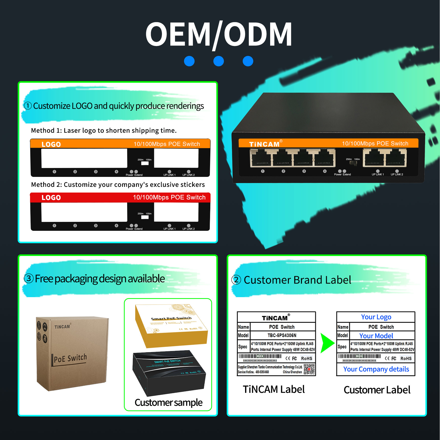 6 Port Fast Ethernet PoE Switch 4 PoE Ports 2 Uplink Ports 10/100Mbps Unmanaged IEEE 802.3af/at 250m Extend VLAN Metal Case Built-in Power Supply TCE-PS4306N