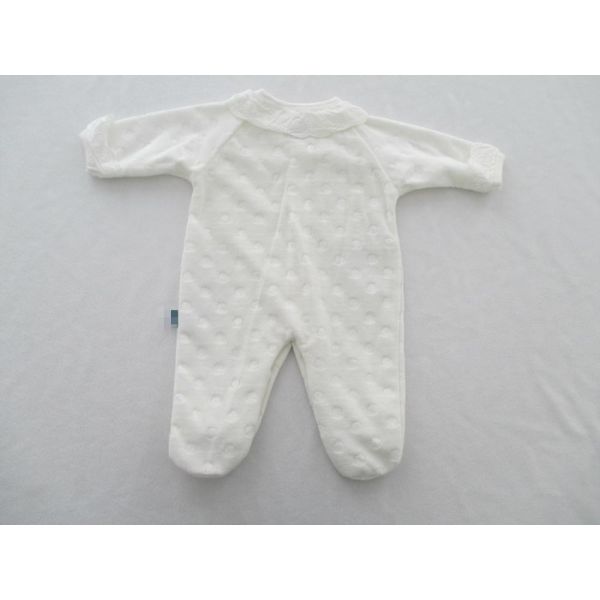 White Velour Baby Romper With Feet Embroidery Poplin Fabric Along Neckline Sleeve Cuff