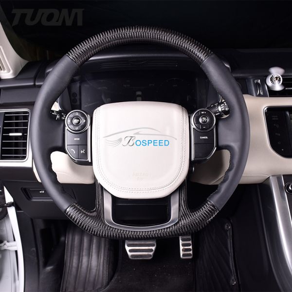 Black Leather Carbon Fiber Series Land Rover Steering Wheel 350mm With Stripe