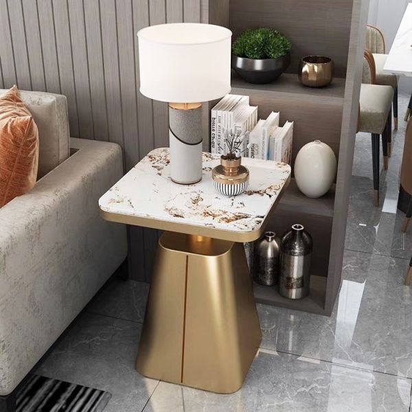 Modern Stainless Steel Shelf Marble Sofa End Table Square Edge
