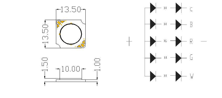 Светодиодный чип COB постоянного напряжения 12V 9W 1313 RGBCW COB LED Chip