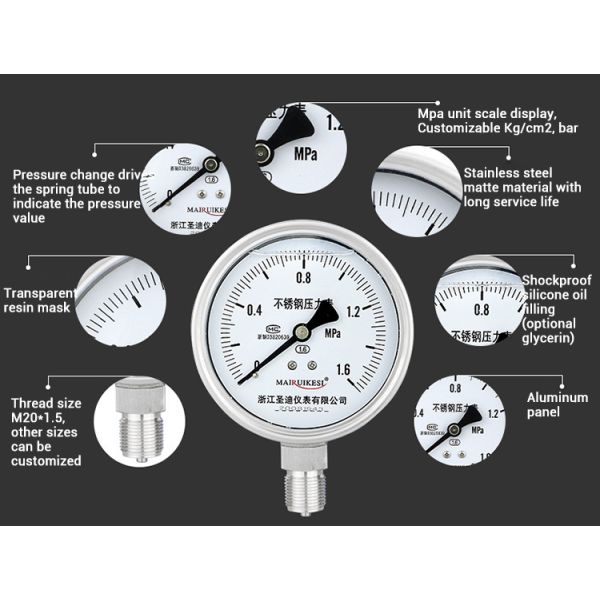 1/4 Thread 304ss 100mm Industrial Air Pressure Gauge for Water Gas 1600bar Range