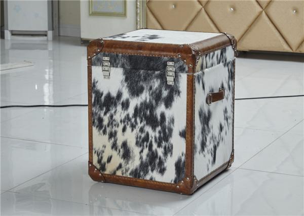 Vintage Style Leather Storage Trunk Cow Leather Fur Material 1 Drawer Top Genuine Handle