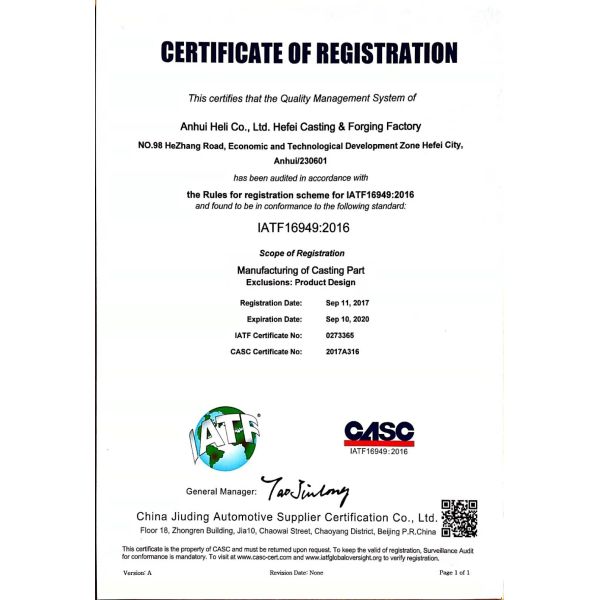 Anhui Heli Co., Ltd. Hefei Casting & Forging Factory Сертификации