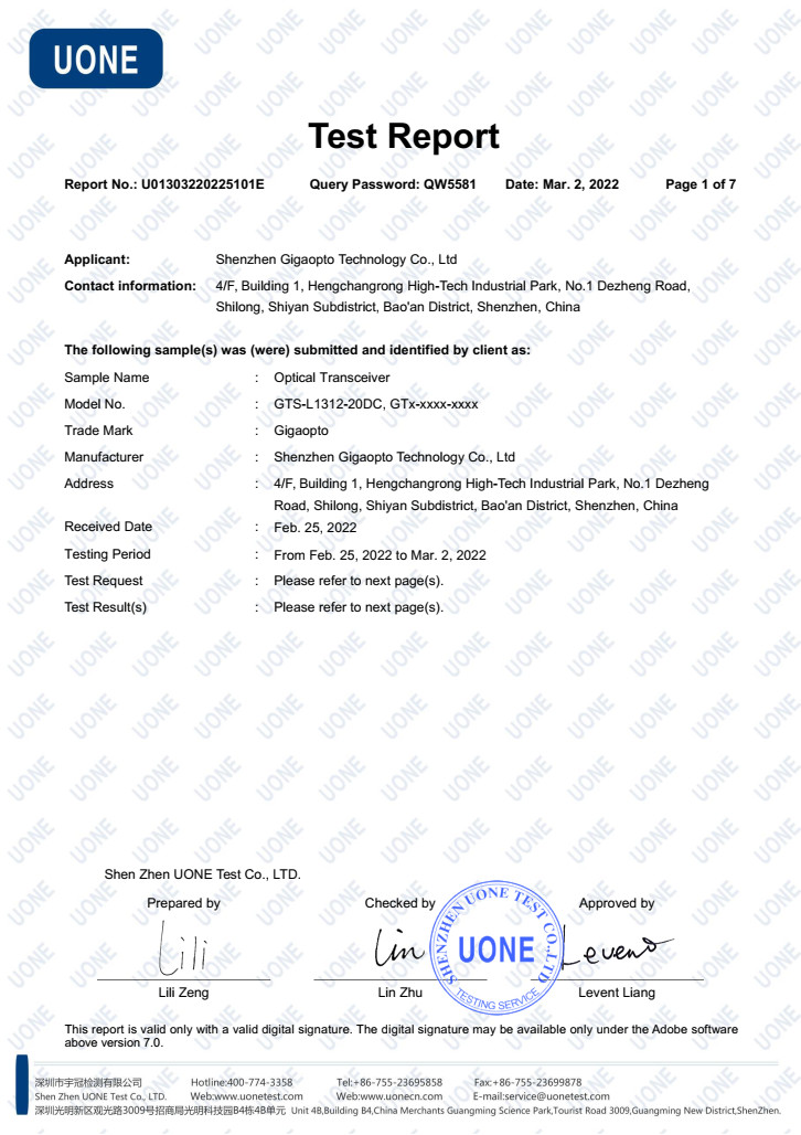 Shenzhen Gigaopto Technology Co., Ltd. Сертификации