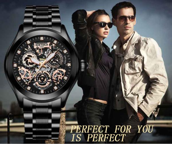 KINYUED J062 oem waterproof custom logo leather fashion tourbillon skeleton wrist watch luxury mechanical watch men wris