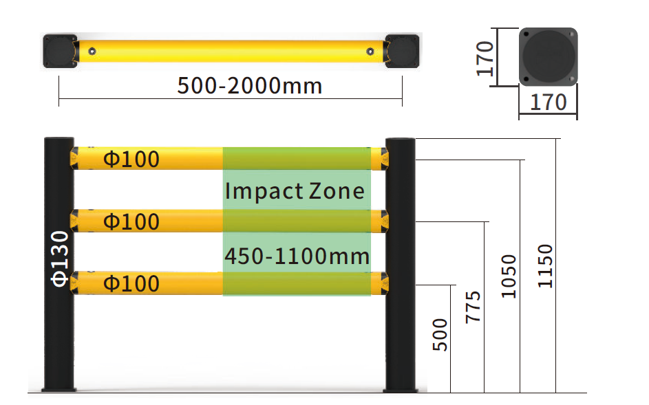 Upright Protector Anti Collision Post Flexible Safety Barrier Single Rail / 2 Rails / 3 Rails
