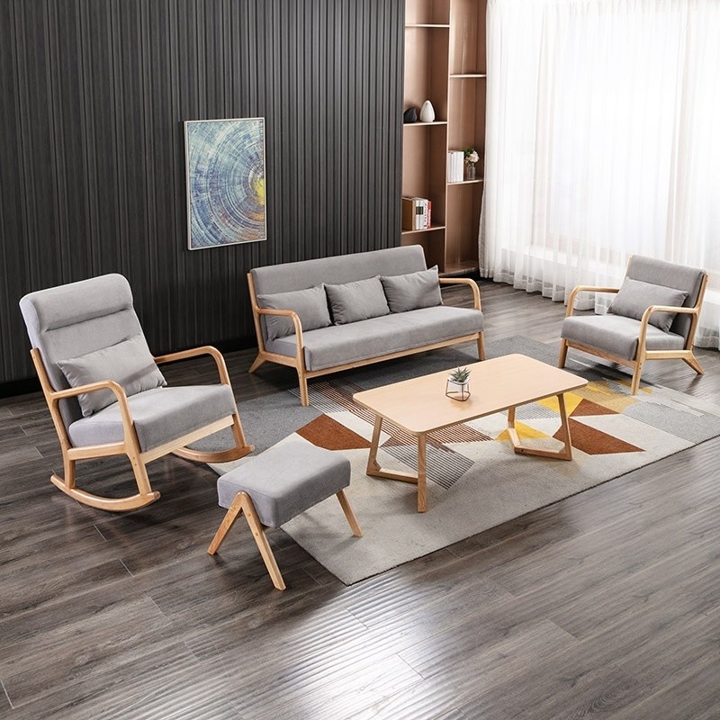 Home Office Natural Rubber Wood Fabric Sofa Set Furniture Combination for Small Family