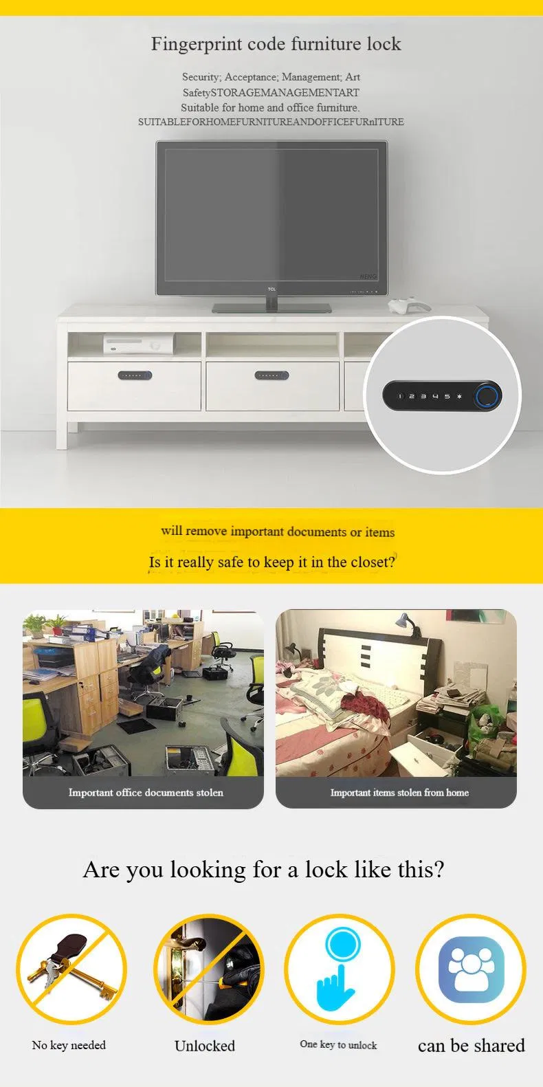 Fingerprint Password Drawer Lock Filing Cabinet Desk Storage Cupboard Locker