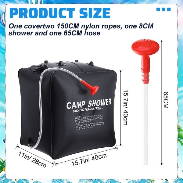 10 Gallons/ 40L Solar Camping Showers with Hot Water Portable Camping Shower Bag Removable Hose Shower Nylon Ropes