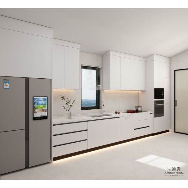 White Stainless Steel Kitchen Cabinets Modern One-Wall Design With Built-In Appliances