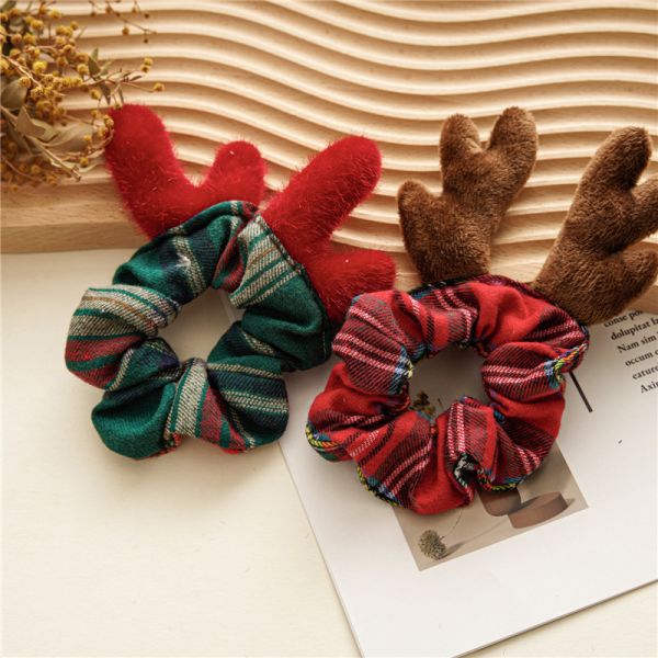 Christmas plaid beaded hair scrunchies women's cartoon lovely animal cloth hoops tied hair rope ornaments