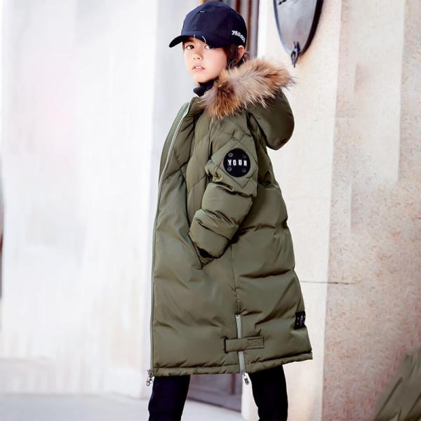 Bilemi Long Hooded Real Fur Coats Kids Down Jacket Army Gren Winter Jacket for Boy