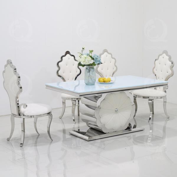 Flower Base 160x90x75cm SS Dining Tables 6 Seater White Glass Top