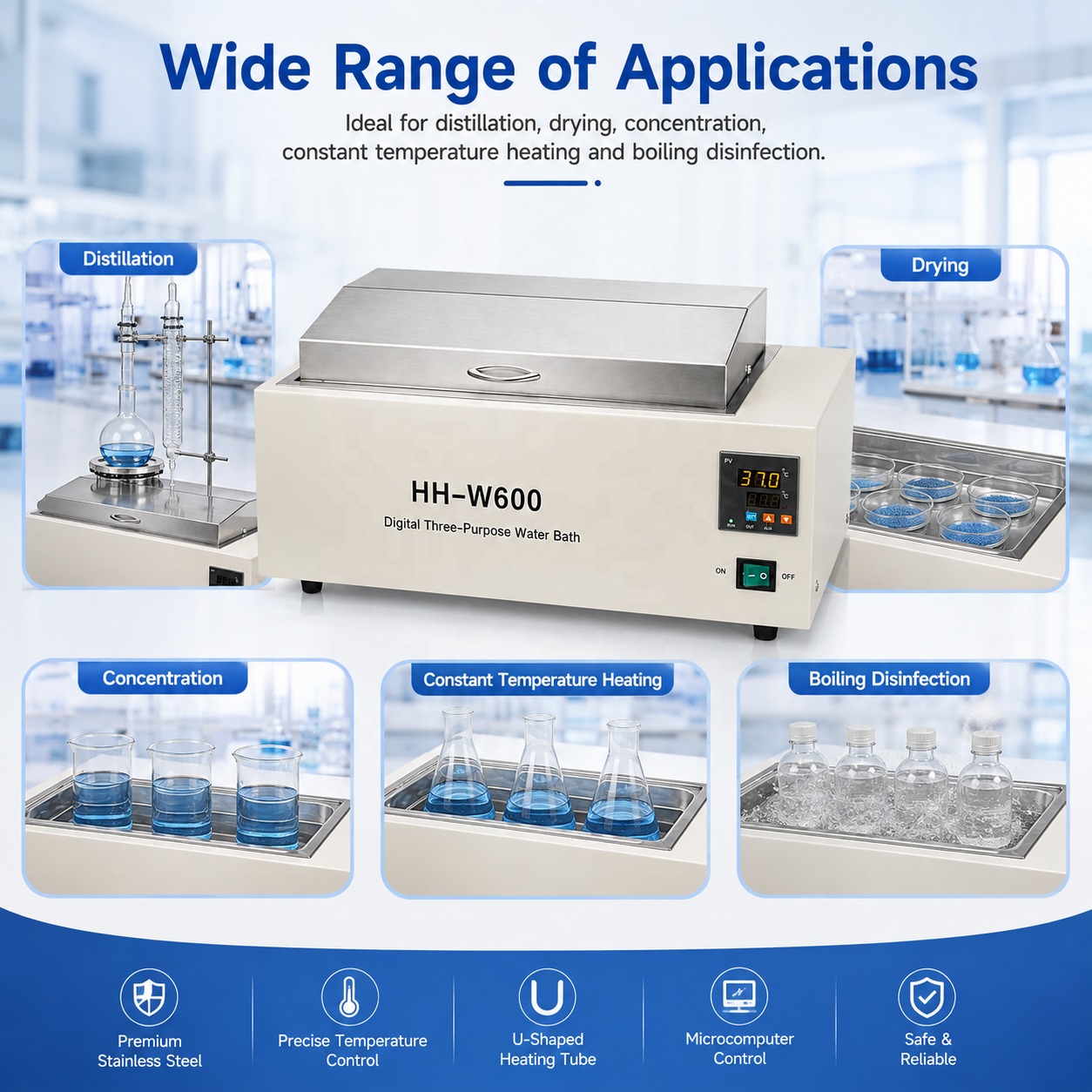Cenlee HH-W600 Digital Thermostatic Water Bath 1500W PID Control Stainless Steel for Lab Distillation Drying Sample Heating