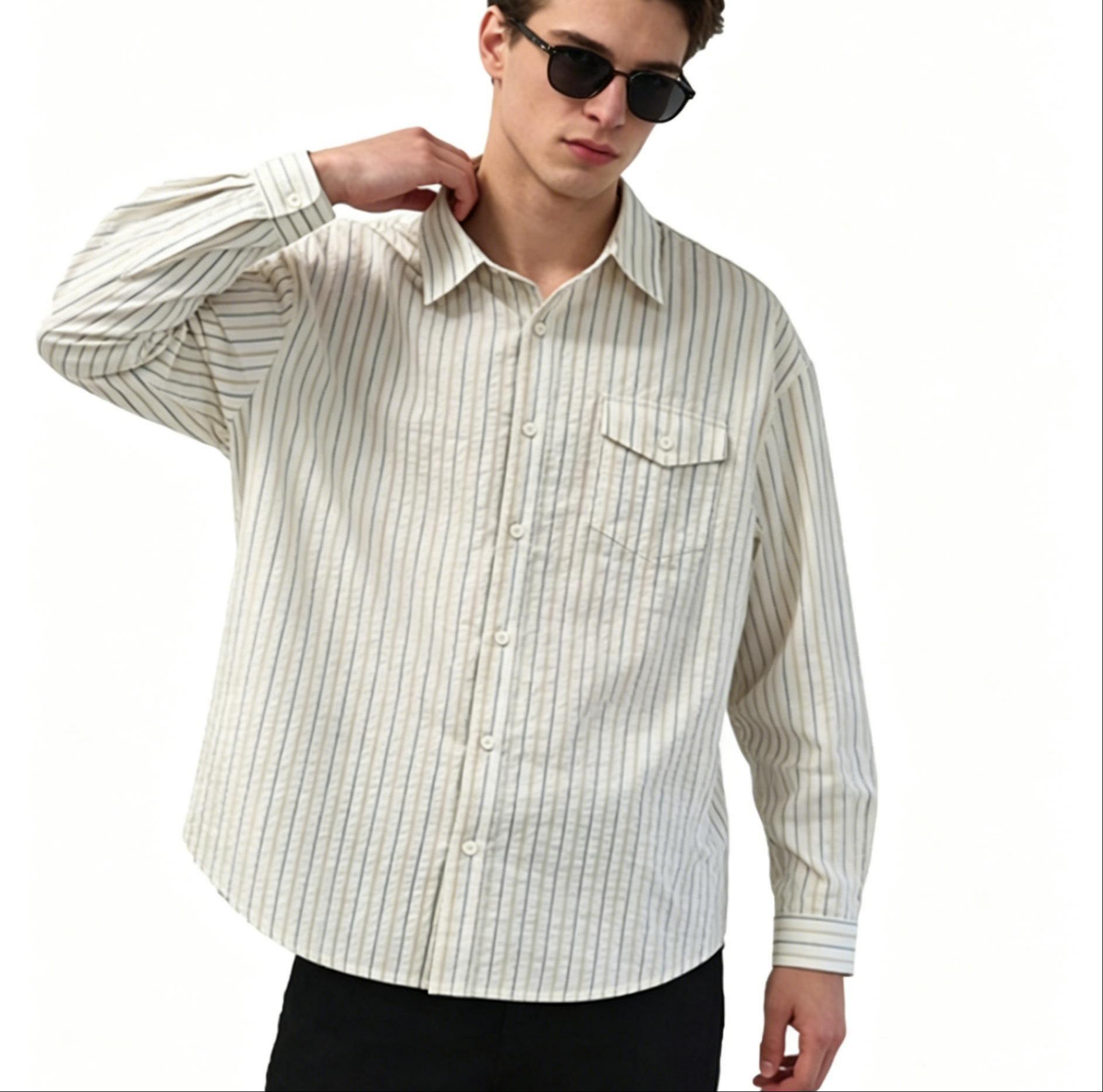 Casual Oversized Long Sleeve Top Striped Cotton Blend Button Up Shirt