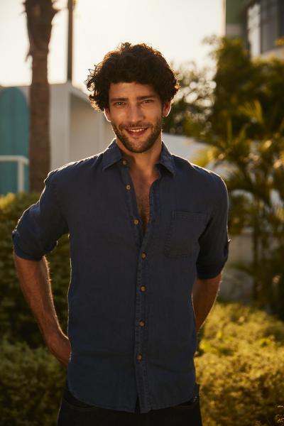 Linen Dark Blue Men Shirt Garment Dyed Loose Long Sleeves