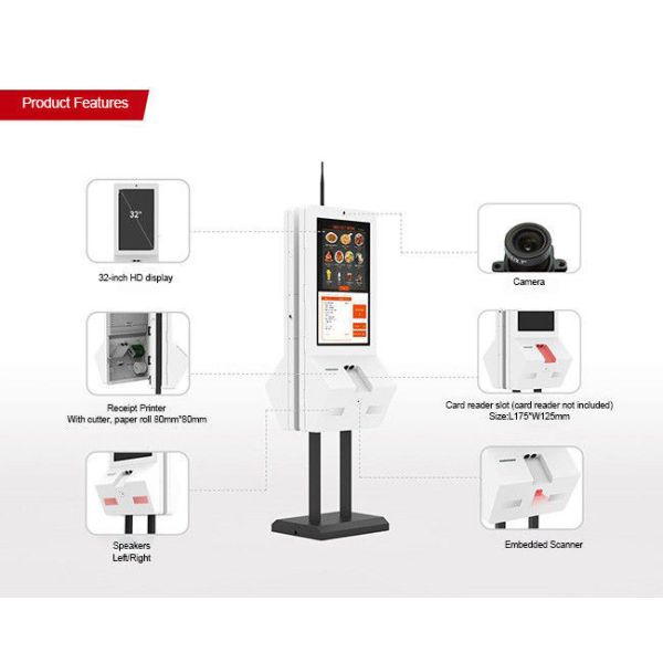 32-inch optional wall-mounted and floor-standing dual-screen self-service ordering and payment machine for unmanned restaurants