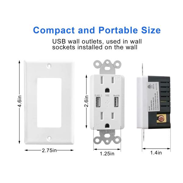 ETL Listed USB Wall Outlet 5V 4.8A Dual USB Wall Outlet For Hotels