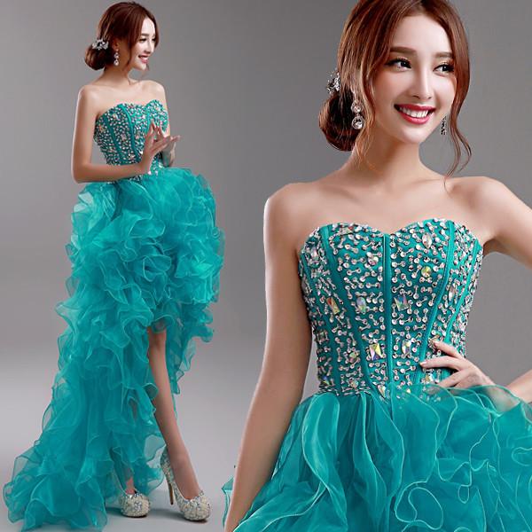 Small Bra Beaded Slim Waist Short Front Longer Back Elegant Evening Dresses TSJY074