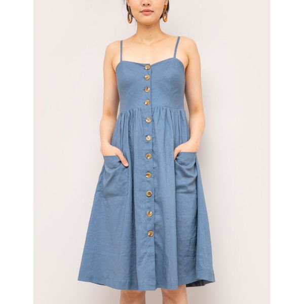 Summer chambray midi linen dress with a fit & flare silhouette and a button up front