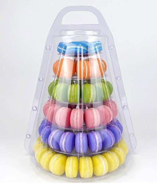 Macarons jetables personnalisés, plateau intérieur, tour de macarons à vide transparent.