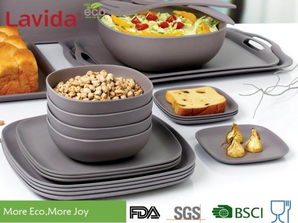Easy Cleaning Reusable Bamboo Dinnerware Solid Grey Color Natural Rustic Texture
