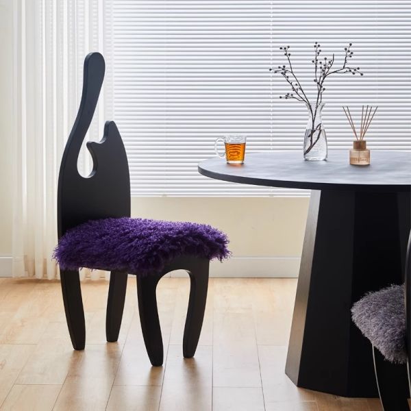 France Black Solid Wood Dining Chair Home Furniture Unique Backrest Design Retro Wool Cushion Wood Dining Chair for Dining Room