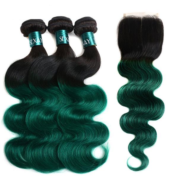 Ombre Peruvian Human Hair Bundles With Closure 1B/Green Peruvian Body Wave Ombre Human Hair Weave With Closure