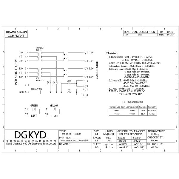 Metal Shielded 180 Degree Top Entry RJ45 Magnetics Ethernet Connector RJ45 network connector with notch, 100Mbps filter DGKYD511B002AC2A1D068
